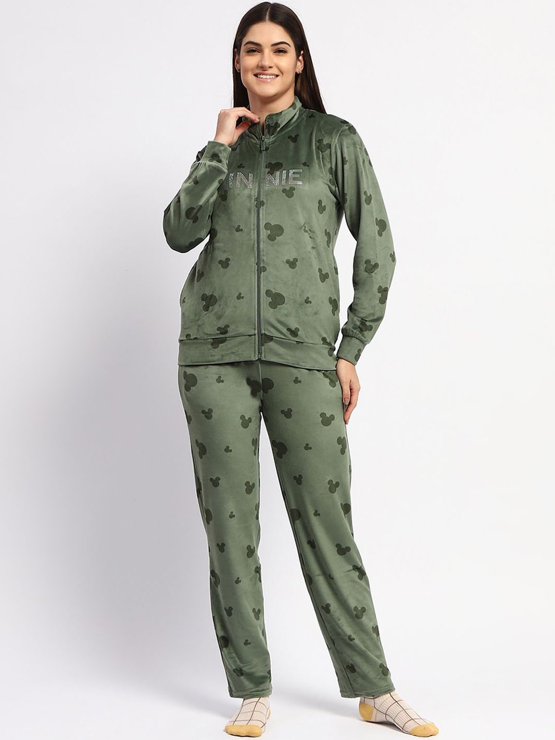 

MADAME M SECRET Women Long Sleeves Printed Night suit, Green