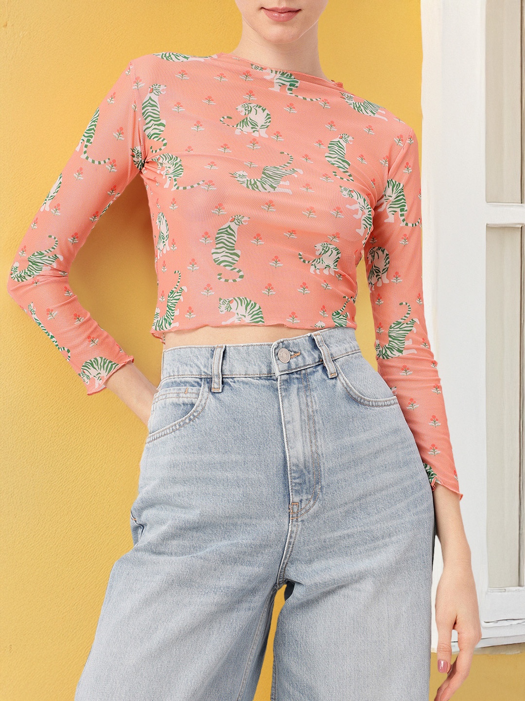 

DressBerry Sweet & Sassy Printed Semi Sheer Soft Net Crop Top, Peach