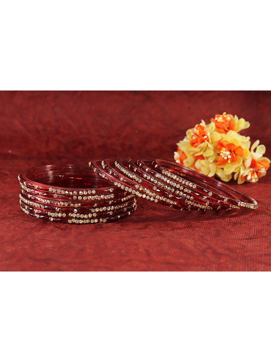 

LAVAZZA Set Of 12 Zircon Diamond & Beads Work Glass Bangles, Maroon