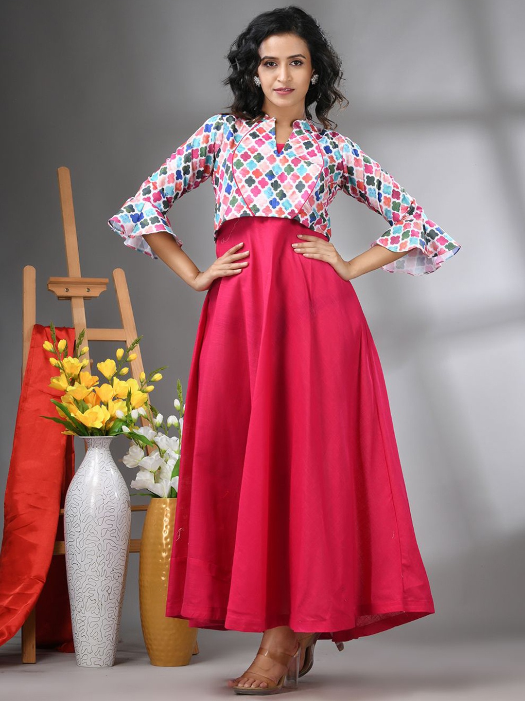 

Charukriti Printed Cotton Maxi Gown With Crop Jacket, Fuchsia