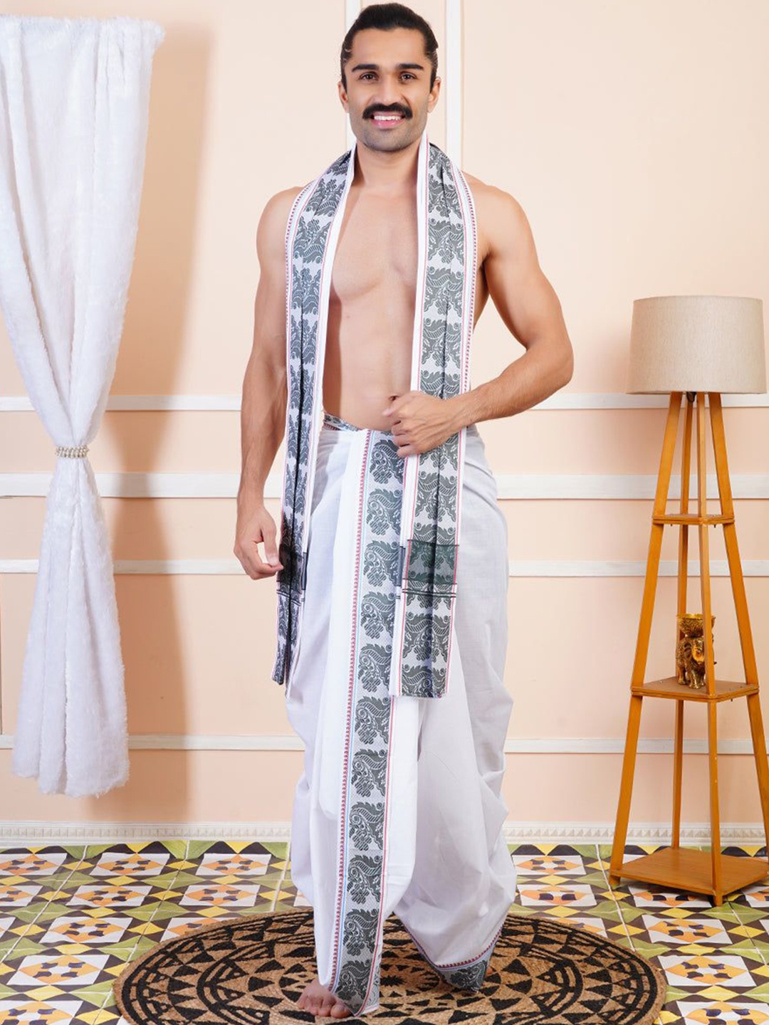 

Ramraj Men Cotton Panchakacham Dhoti with Angavastram, White