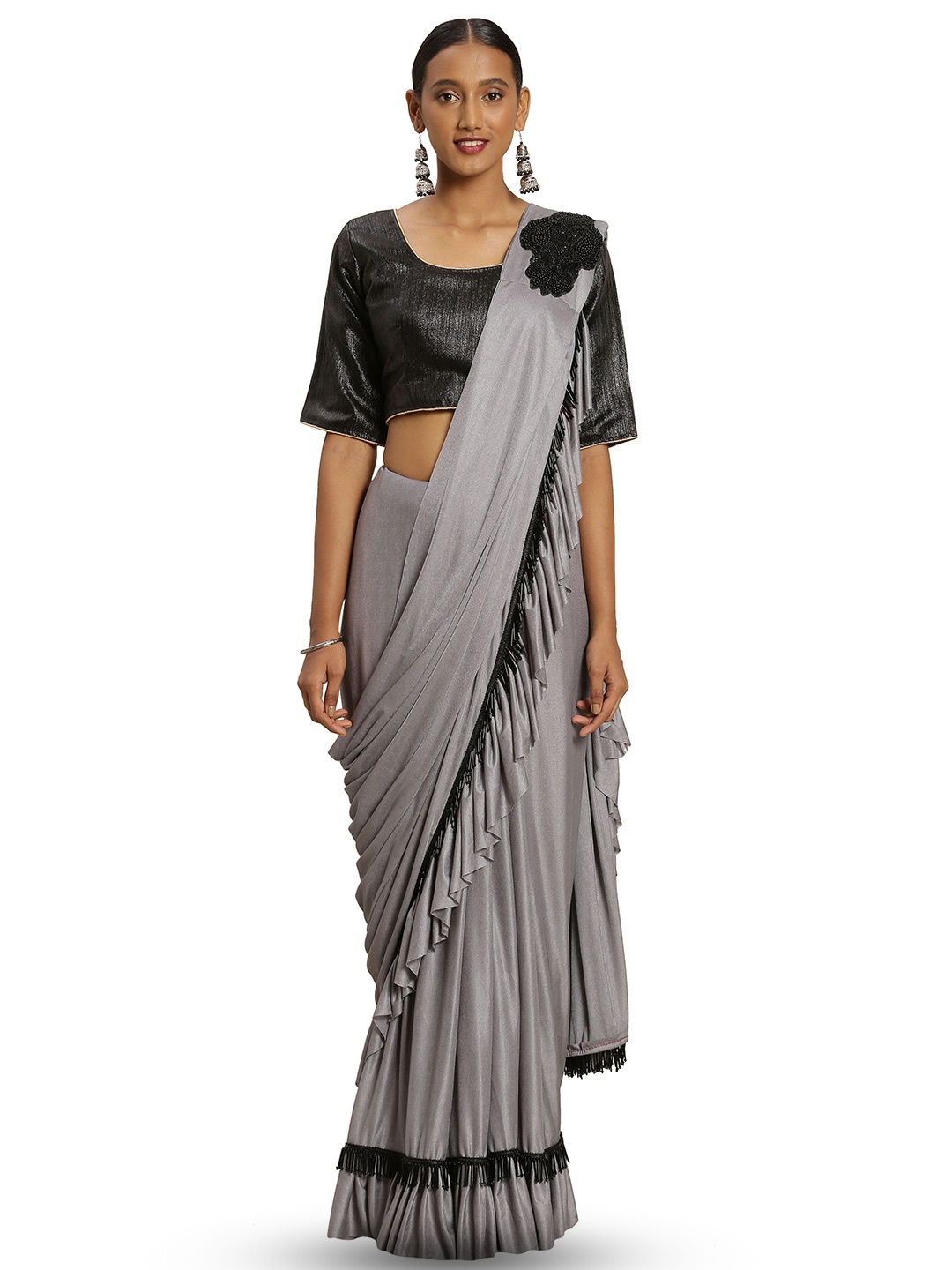 

Maroosh Solid Embellished Saree, Grey