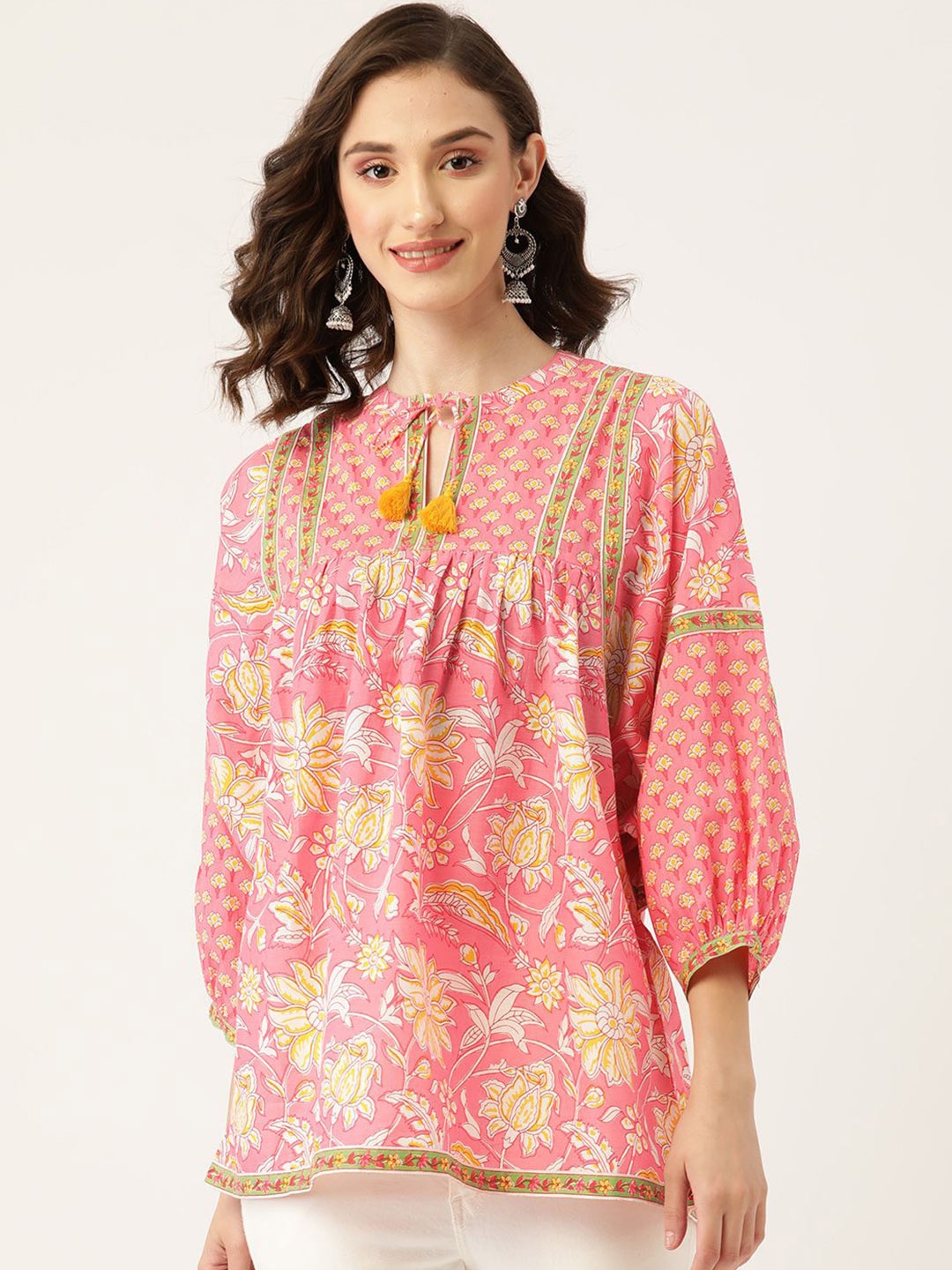 

Jaipur Morni Women Floral Printed Tie-Up Neck Pure Cotton Top, Pink