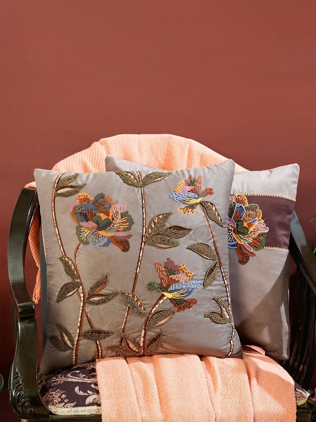 

Mid July Home Brown & Green 2 Pieces Floral Velvet Square Cushion Covers