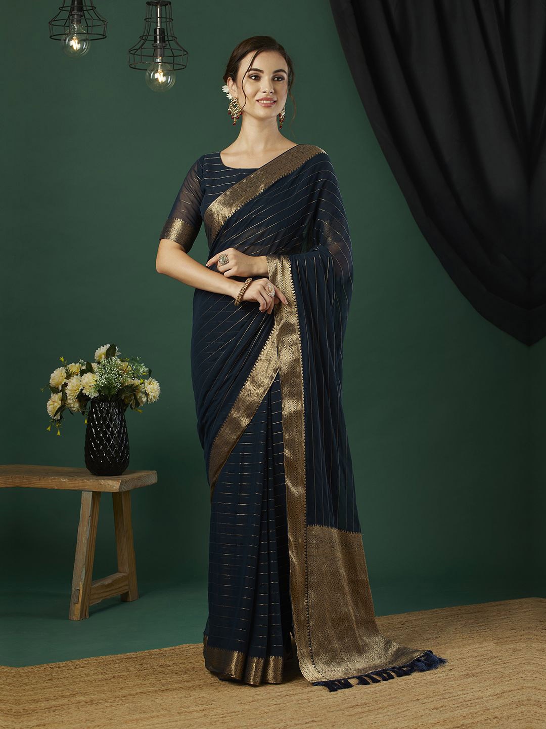 

HI FI NX Striped Zari Pure Chiffon Saree, Blue