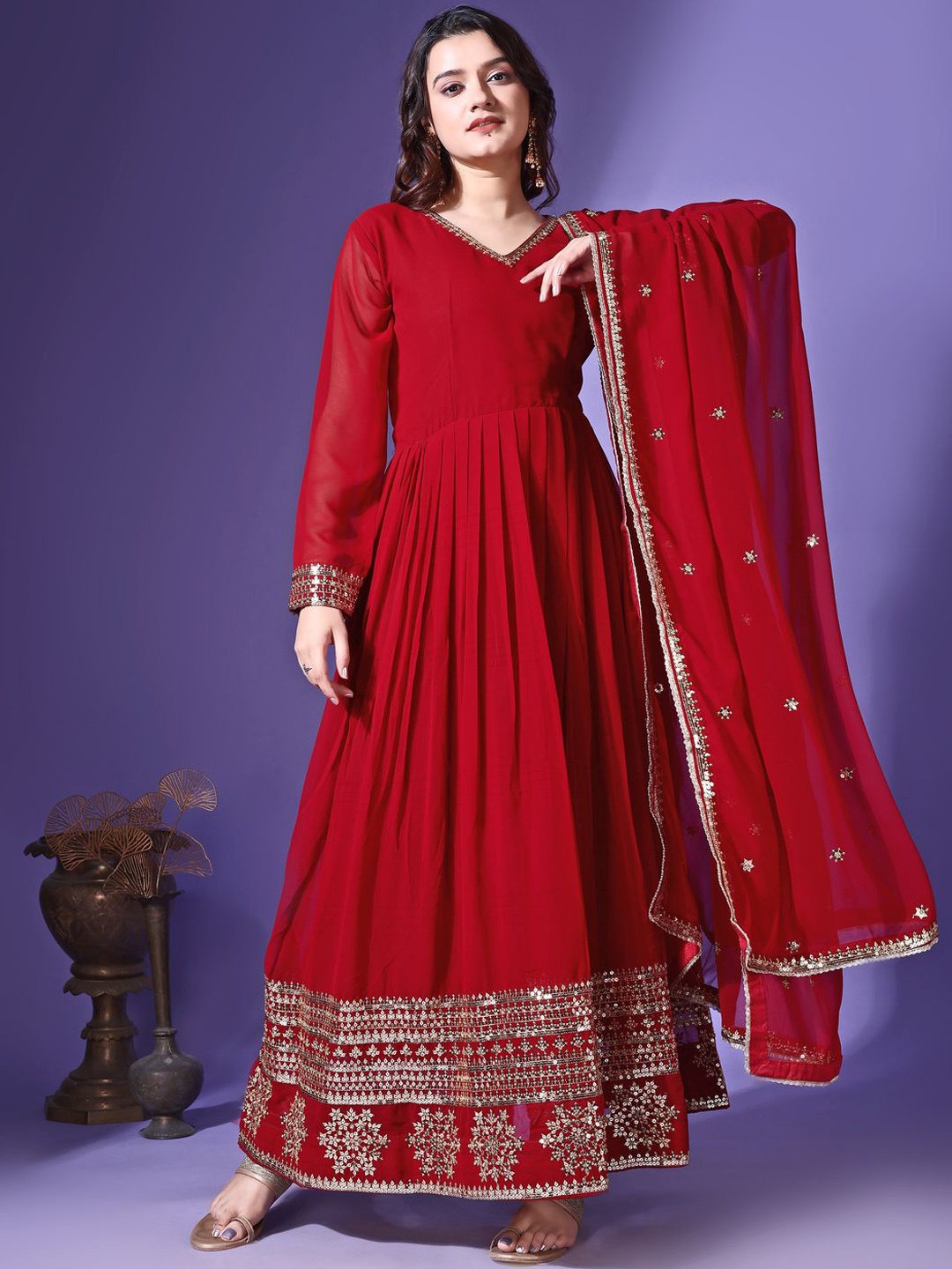

Wedani Women Ethnic Motifs Embroidered Regular Kurta with Pyjamas & With Dupatta, Maroon