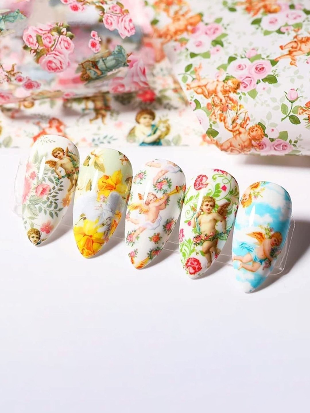 

RANORE 10 Rolls Floral Printed Self Adhesive Transfer Nail Foil Sticker, Blue