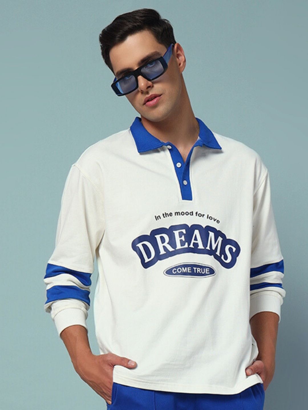 

WEARDUDS Men Typography Printed Shirt Collar Cotton Pullover Sweatshirt, Off white