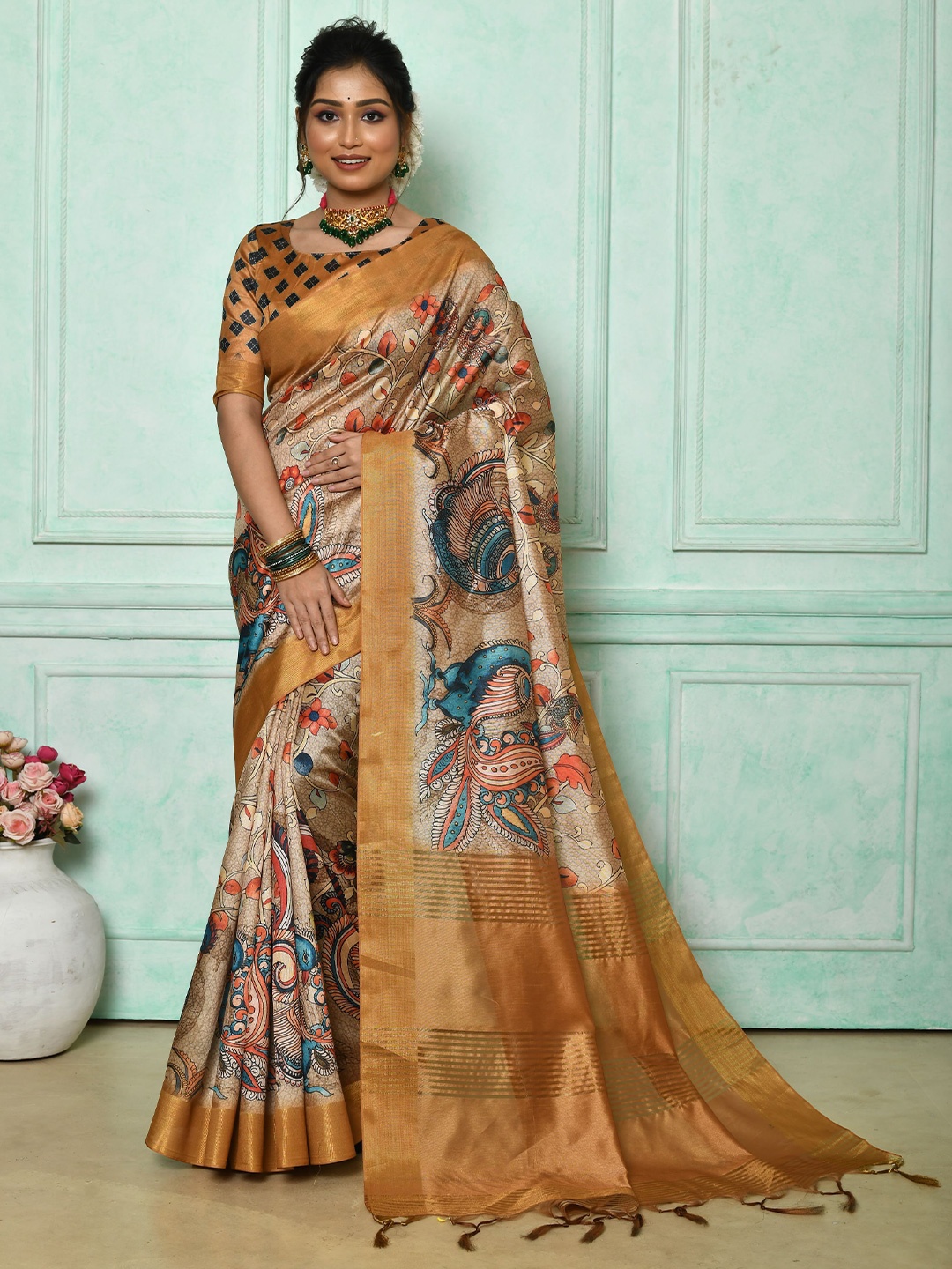 

AWRIYA Kalamkari Woven Design Zari Tussar Saree, Yellow