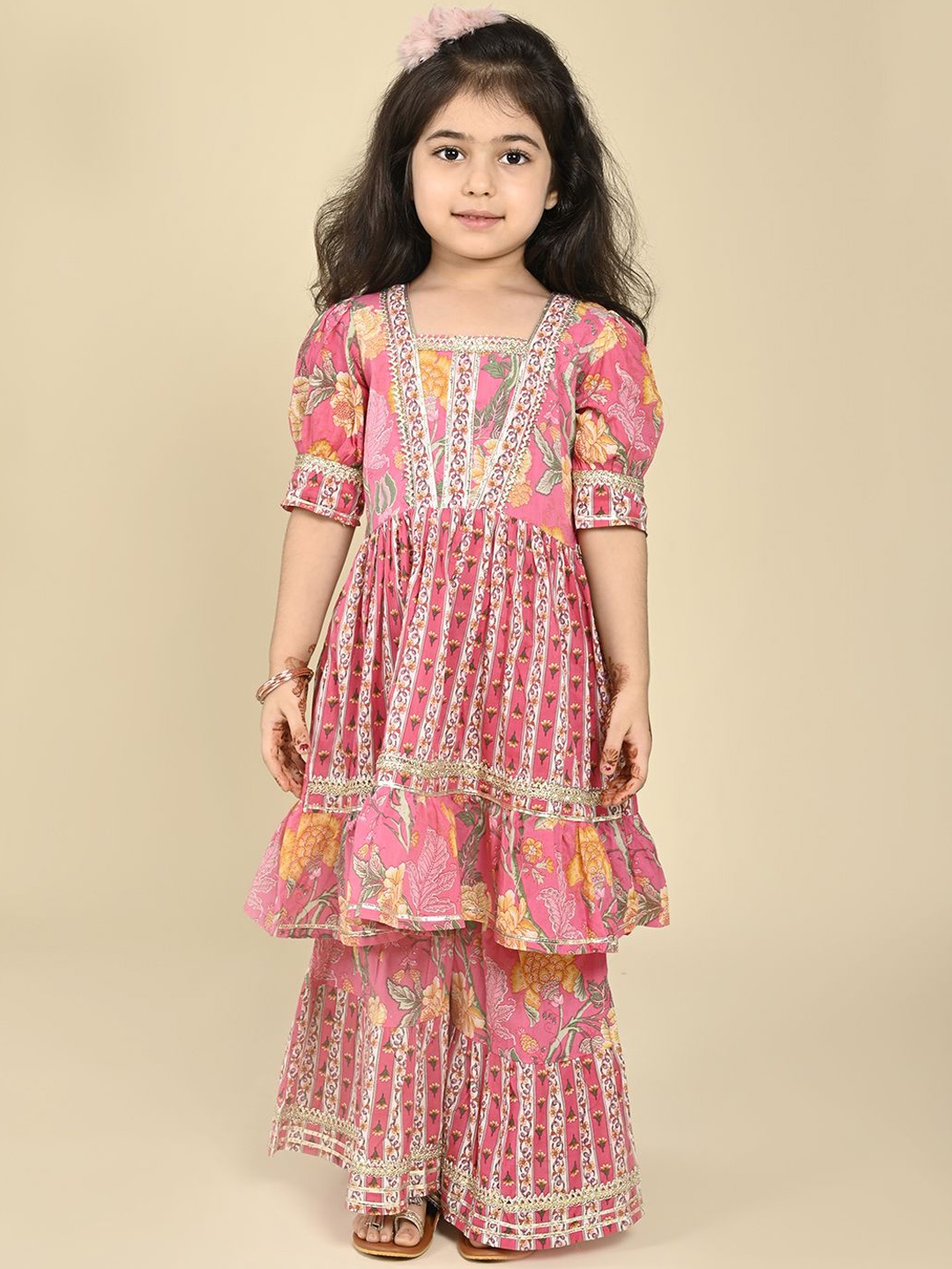 

LIL PITAARA Girls Floral Printed Pure Cotton Anarkali Kurta with Sharara, Pink