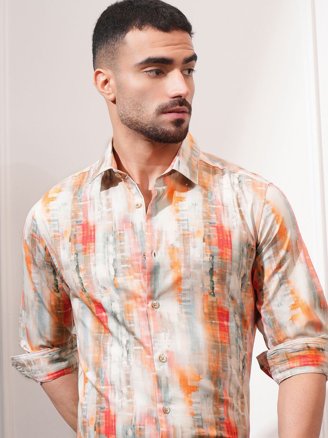 

Locomotive Luxe Men Satin Printed Occasion Shirt\, Beige