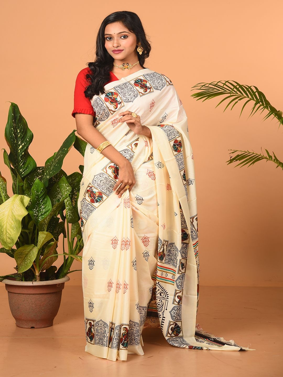 

Laa Calcutta Ethnic Motifs Pure Silk Saree, Off white