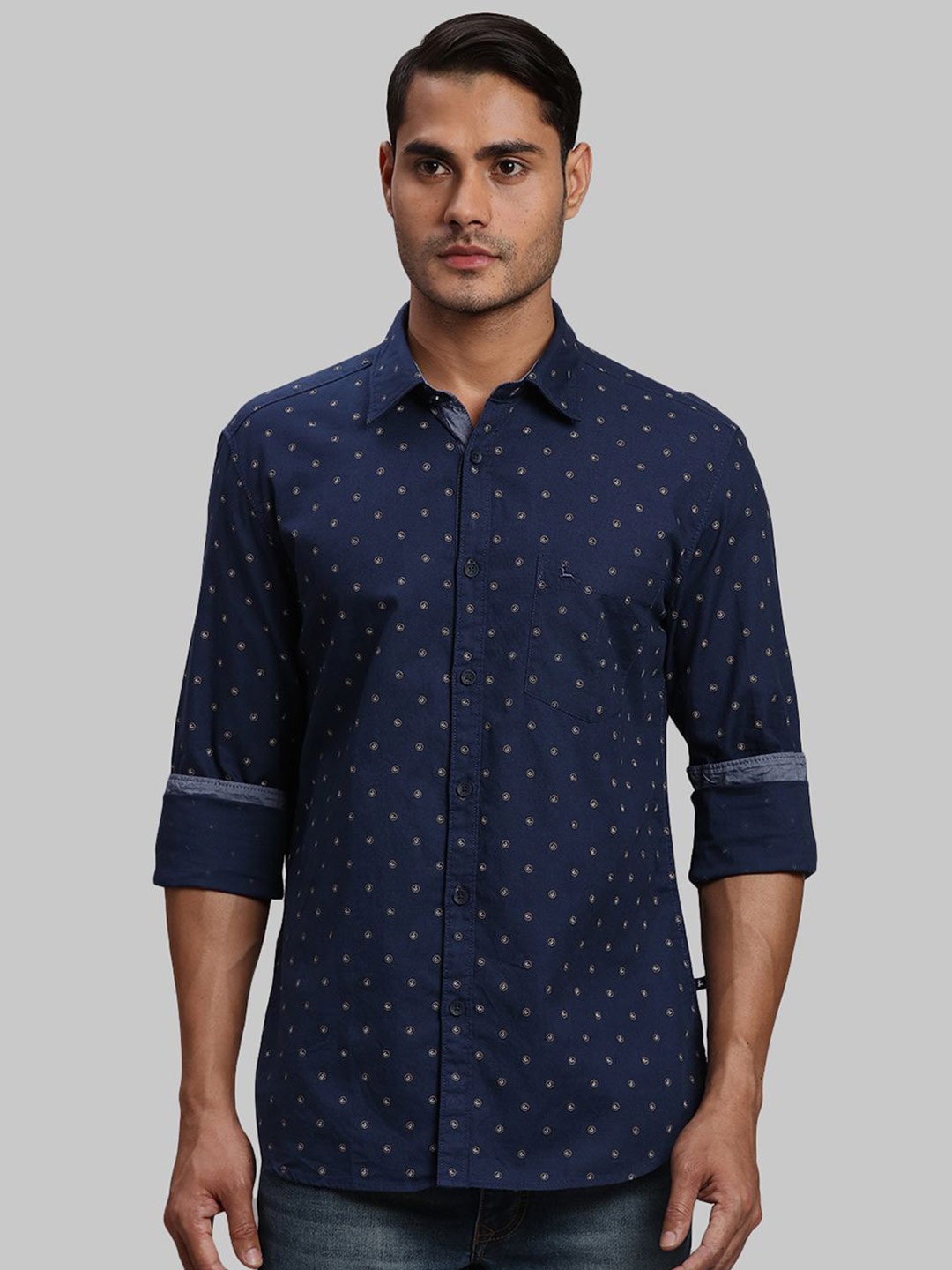 

Parx Men Cutaway Collar Micro Ditsy Printed Cotton Slim Fit Casual Shirt, Blue