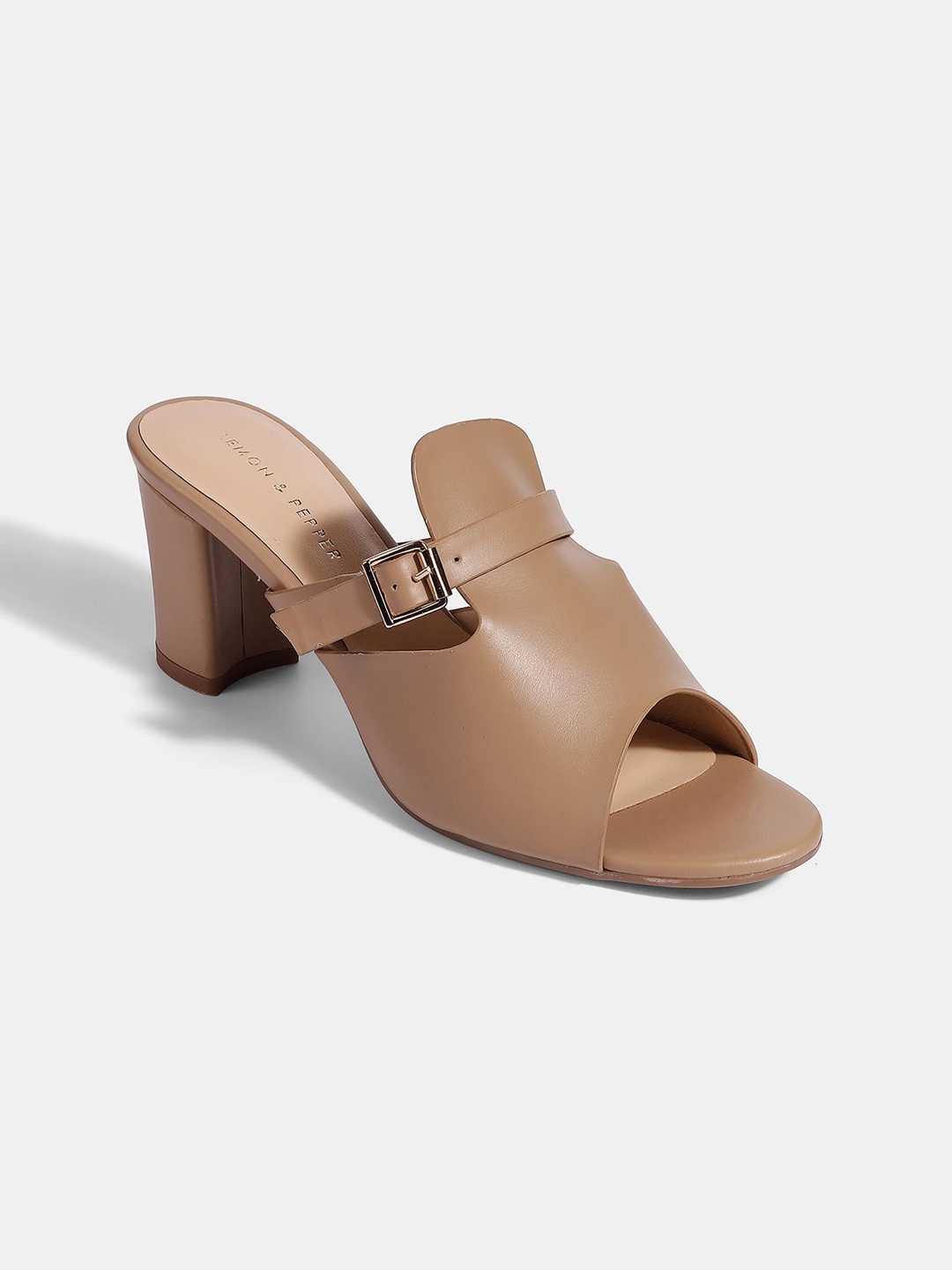 

LEMON & PEPPER Women Block Mules with Buckles, Tan
