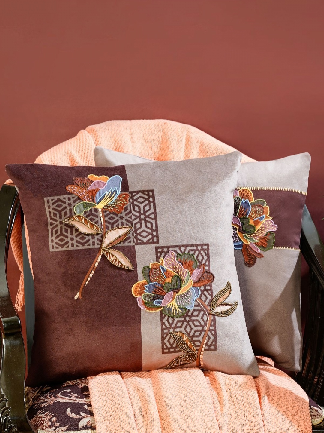 

Mid July Home Brown & Blue 2 Pieces Floral Velvet Square Cushion Covers