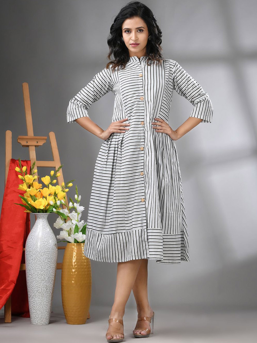

Charukriti Striped Cotton A-Line Midi Ethnic Dresses, White