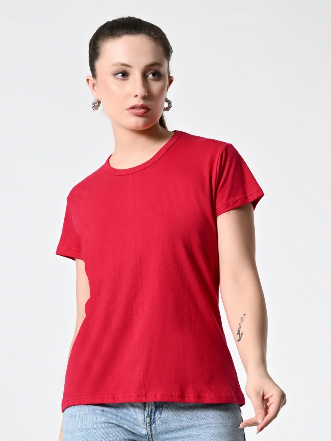 

BAESD Women Solid Round Neck Cotton T-shirt, Magenta