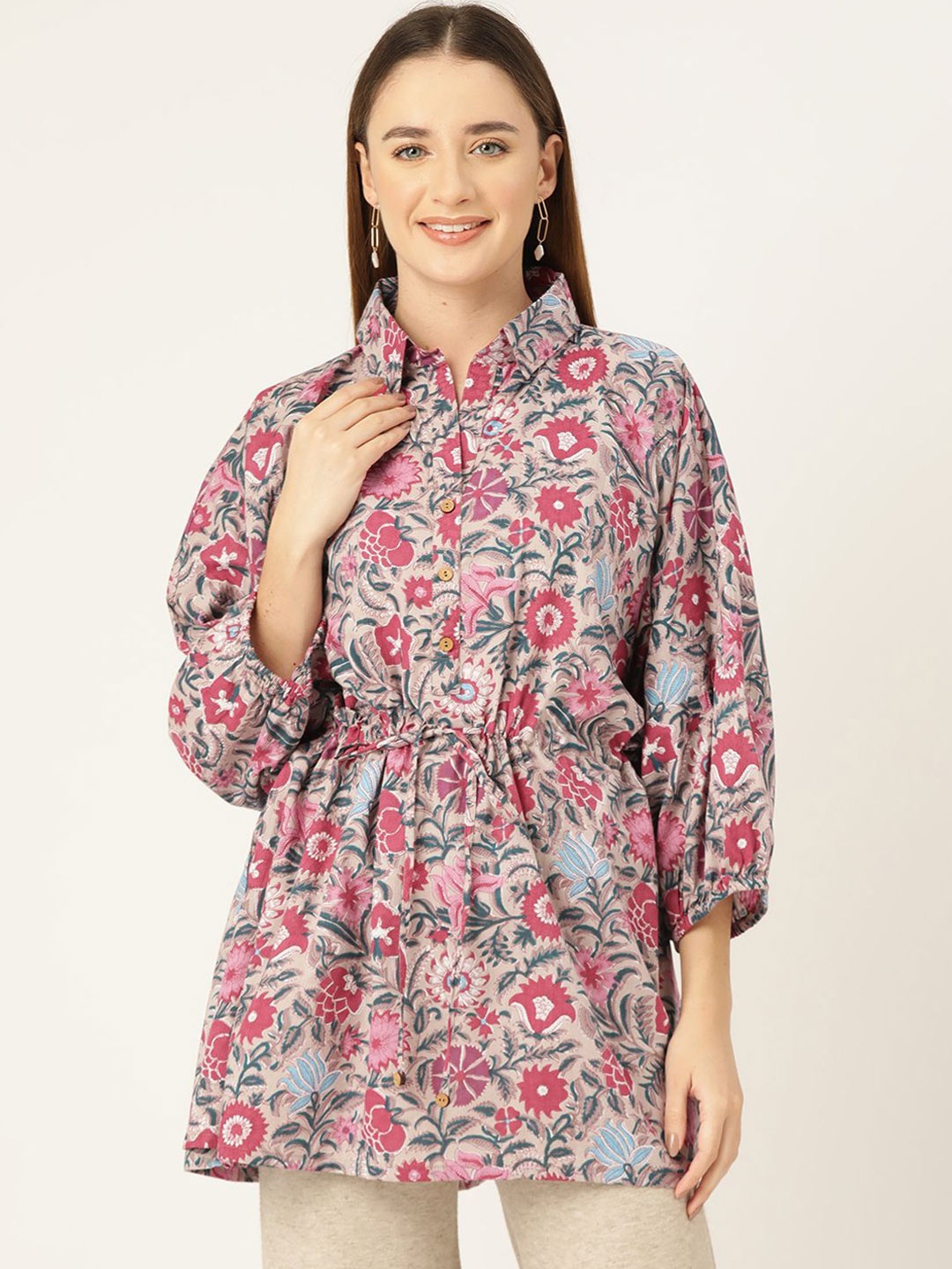 

Jaipur Morni Women Floral Printed Shirt Collar Cotton Top, Grey