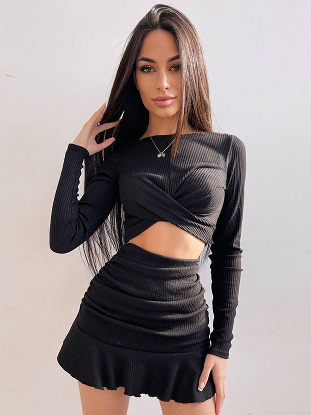 

LULU & SKY Women Boat Neck Top With Skirt Co-Ords, Black