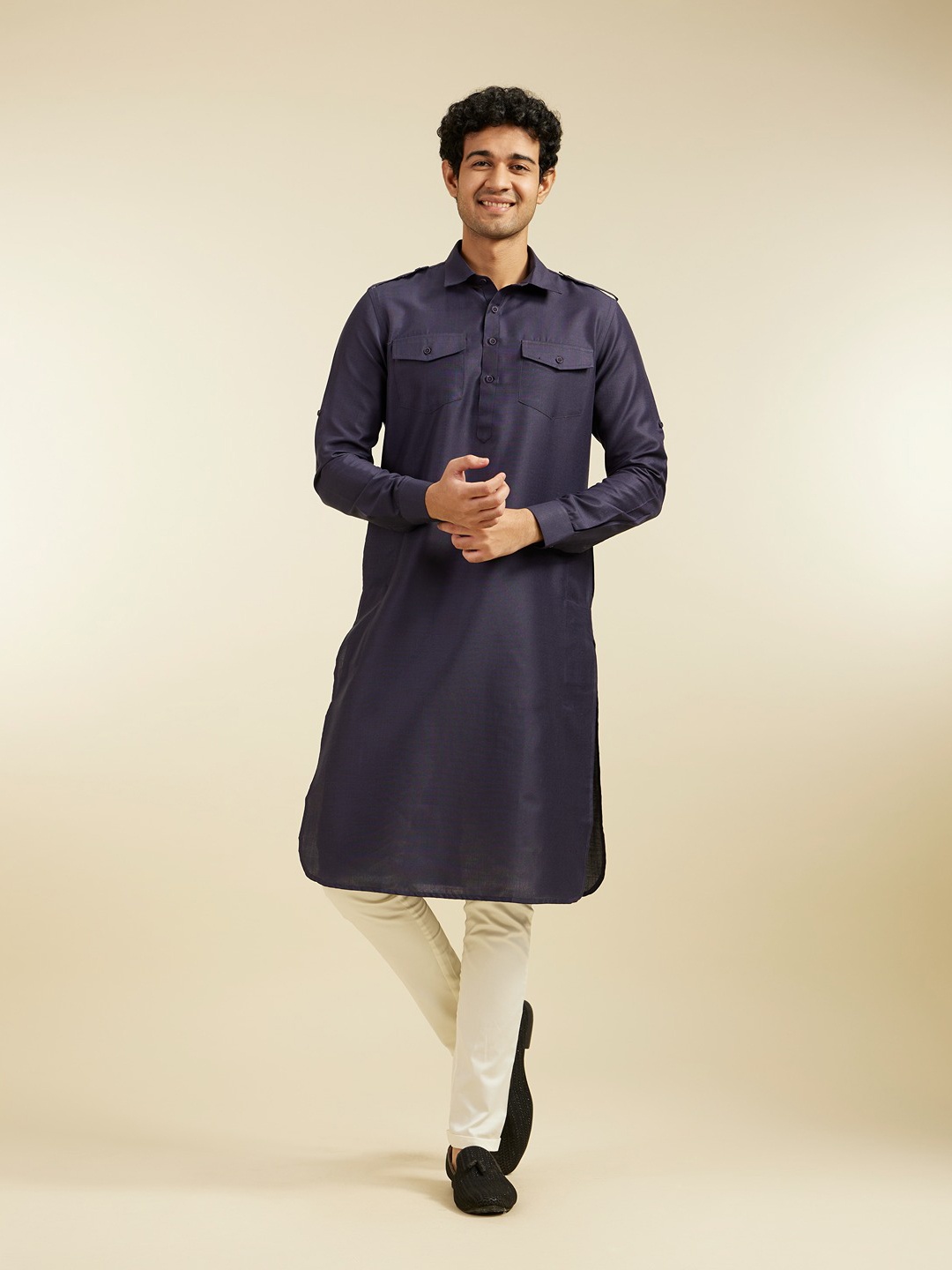 

Diwas by Manyavar Men Shirt Collar Pathani Kurta, Navy blue