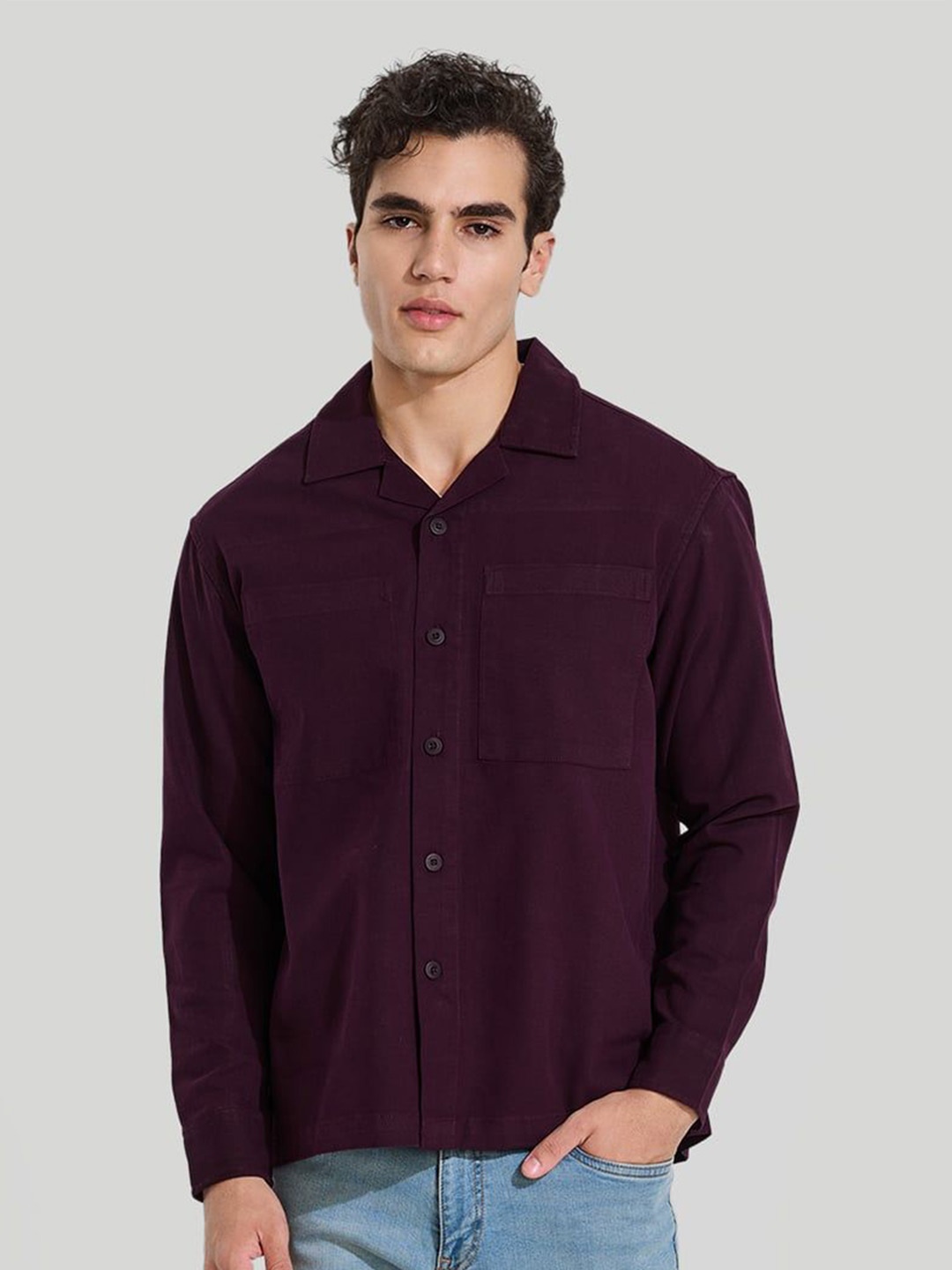 

Snitch Men Smart Cuban Collar Solid Cotton Casual Shirt, Burgundy
