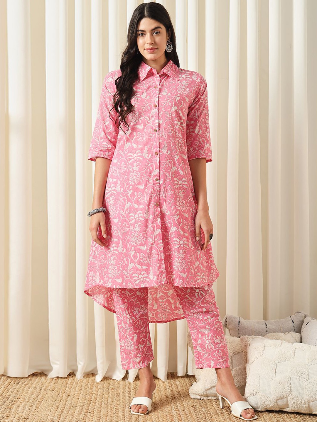 

BAESD Floral Printed Shirt Collar Pure Cotton Kurta with Trouser, Pink