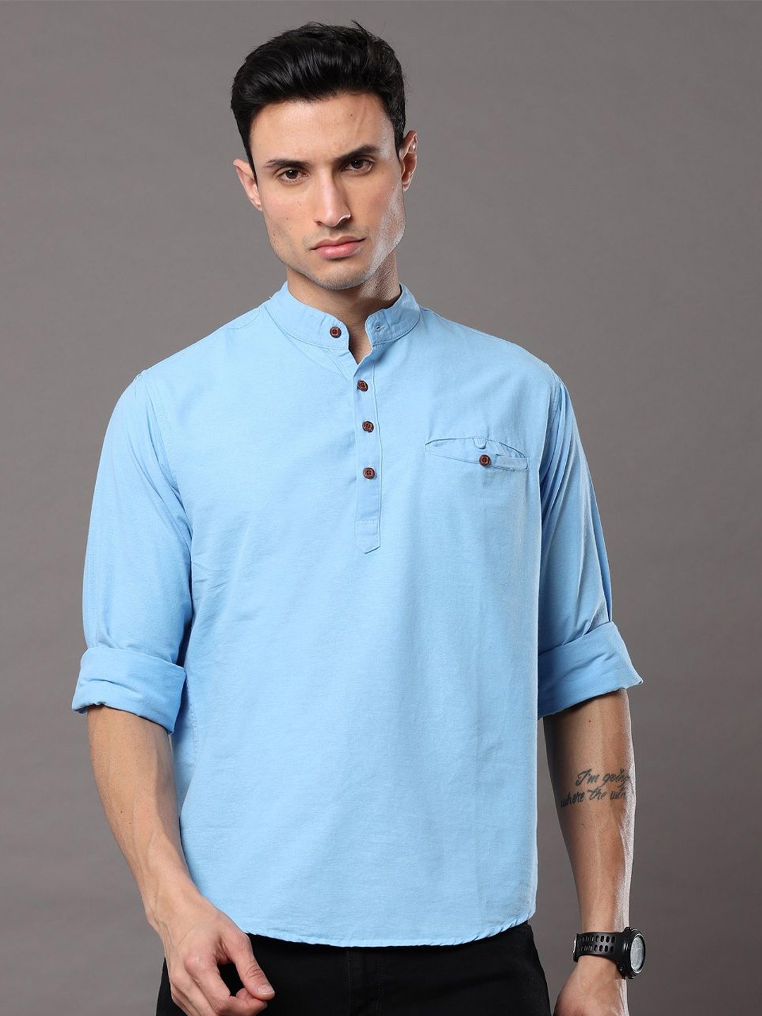 

Rope Men Classic Band Collar Solid Cotton Casual Shirt, Blue