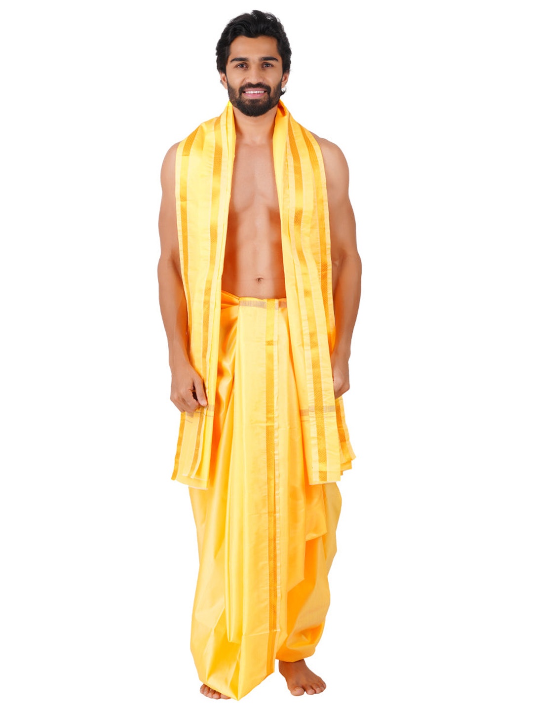 

Ramraj Men Traditional Panchakacham with Angavastram, Yellow