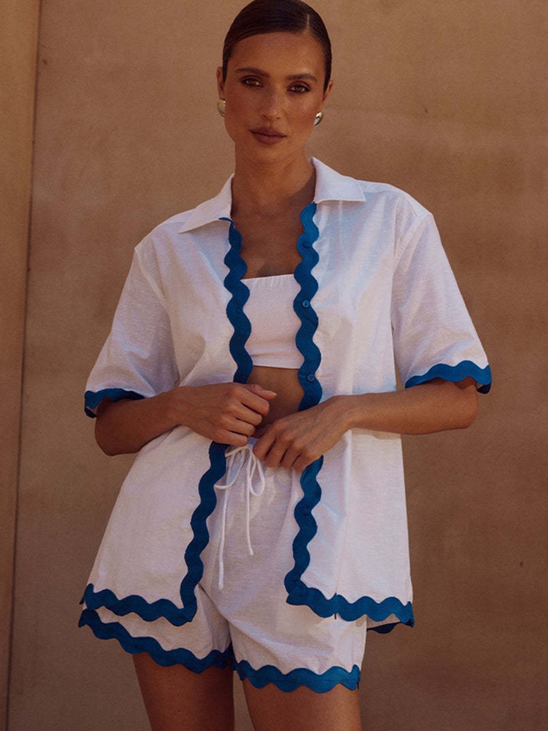 

LULU & SKY Women Shirt Collar Shirt & Shorts With Top Co-Ords, White