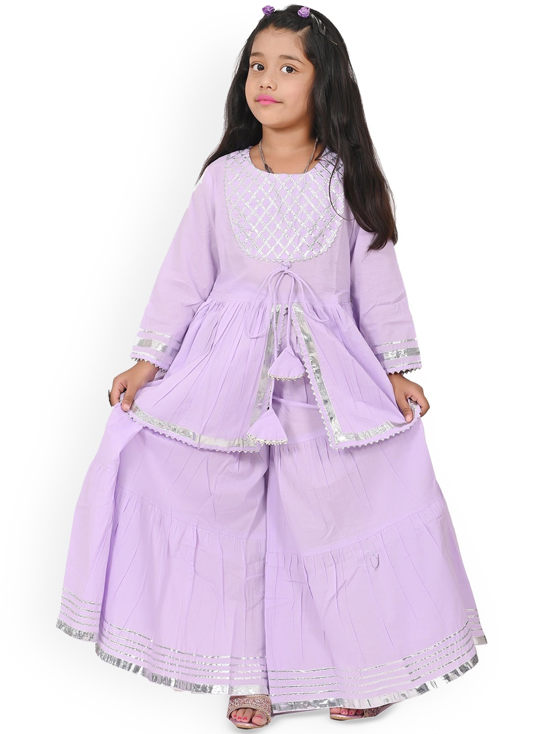 

Cloth Bites Girls Round Neck Regular Gotta Patti A-Line Kurta With Sharara, Purple