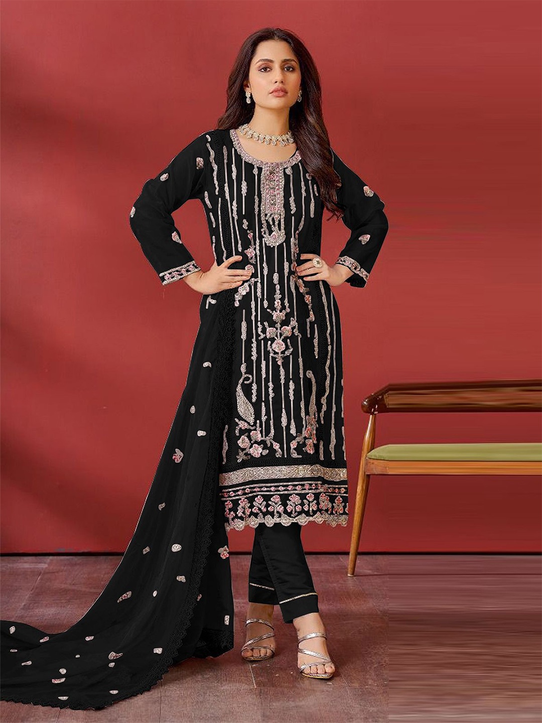 

ODETTE Floral Embroidered Sequinned Georgette Semi-Stitched Dress Material, Black