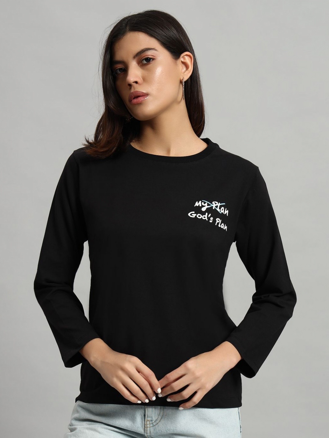 

AECK Women Typography Printed Round Neck Cotton T-shirt, Black
