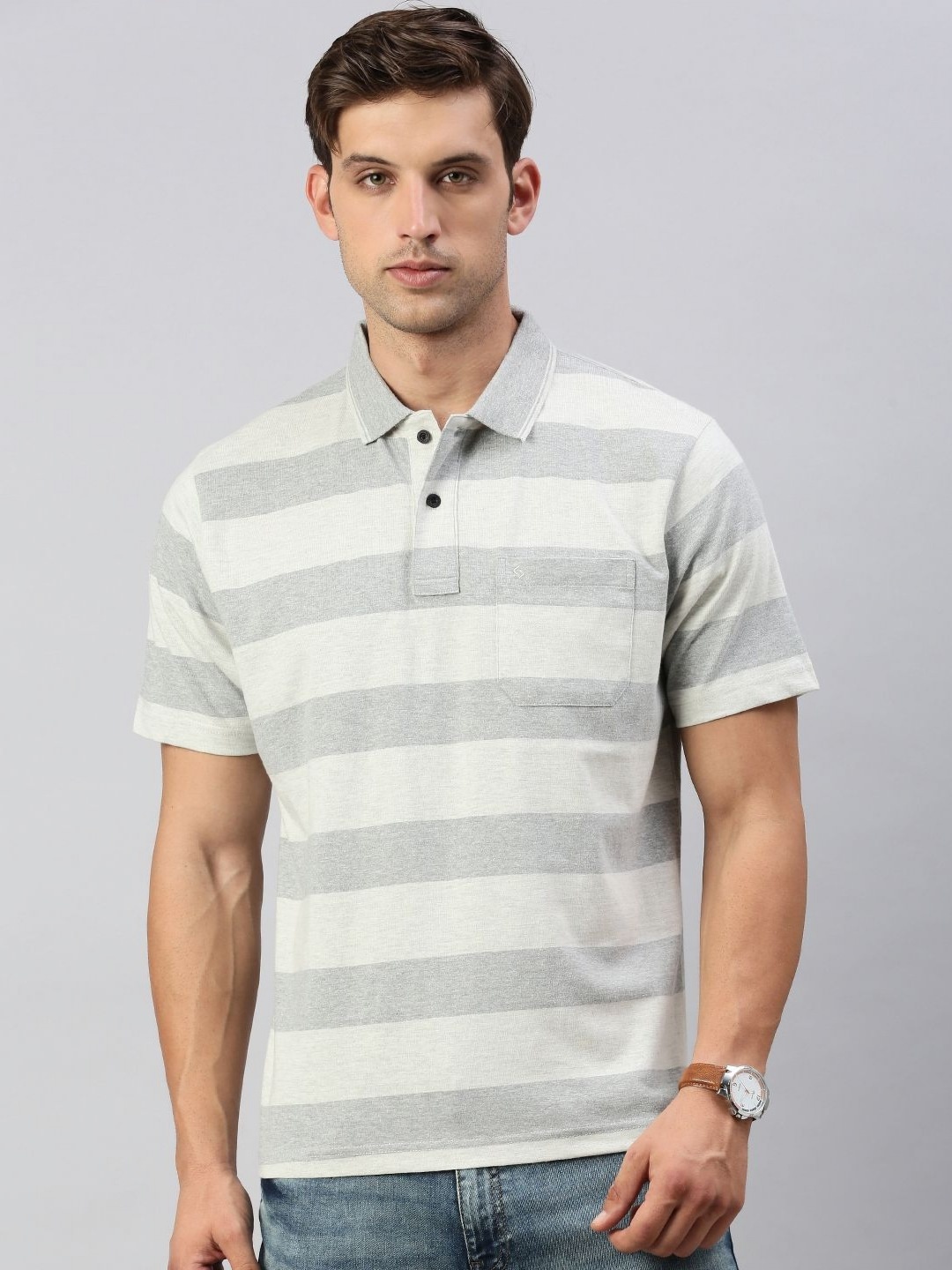 

Classic Polo Men Striped Polo Collar Cotton T-shirt, Grey melange