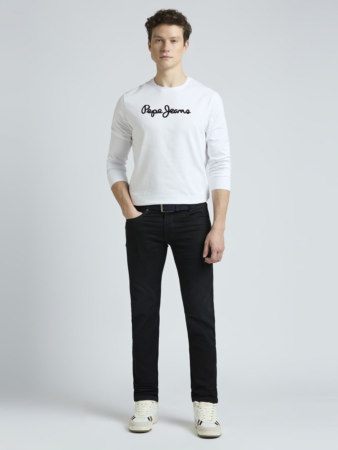 

Pepe Jeans Men Typography Printed Round Neck Pure Cotton T-shirt, White