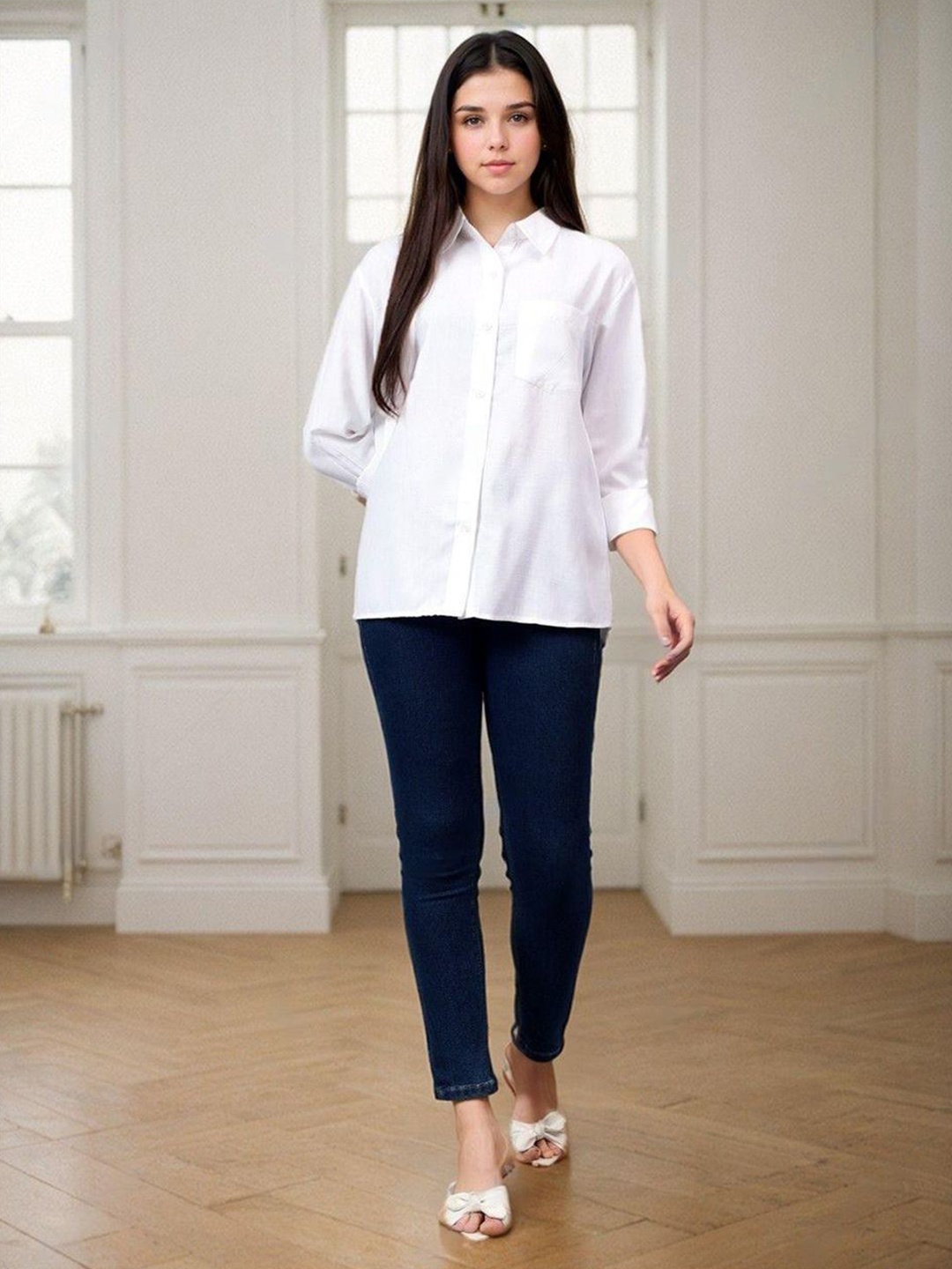 

Kotty Women Spread Collar Solid Cotton Relaxed Fit Casual Shirt, White