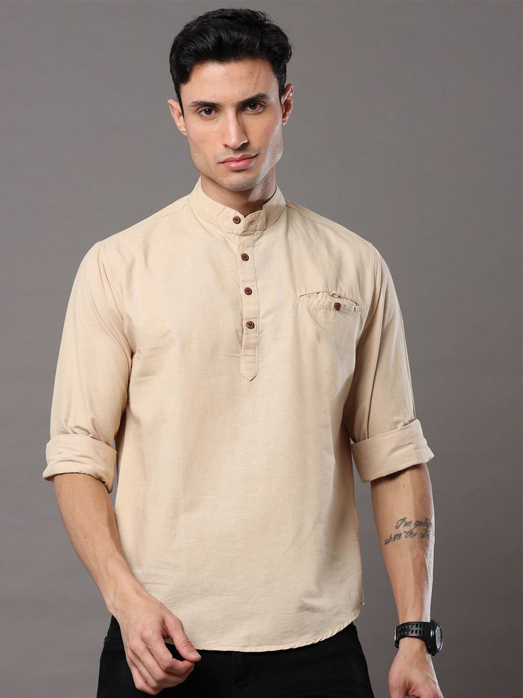 

Rope Men Classic Band Collar Solid Cotton Casual Shirt, Beige