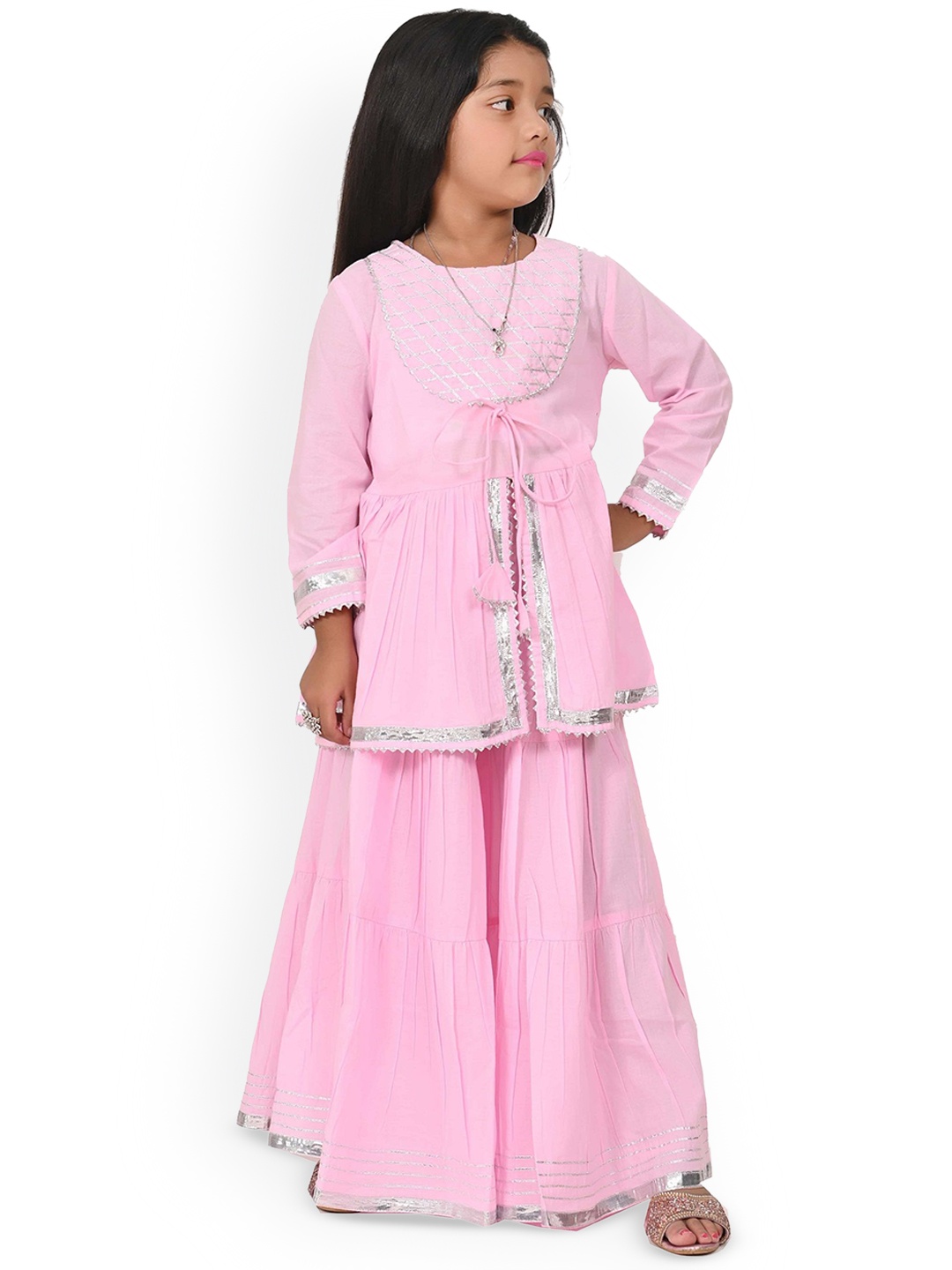 

Cloth Bites Girls Round Neck Long Sleeves Regular Gotta Patti A-Line Kurta With Sharara, Pink