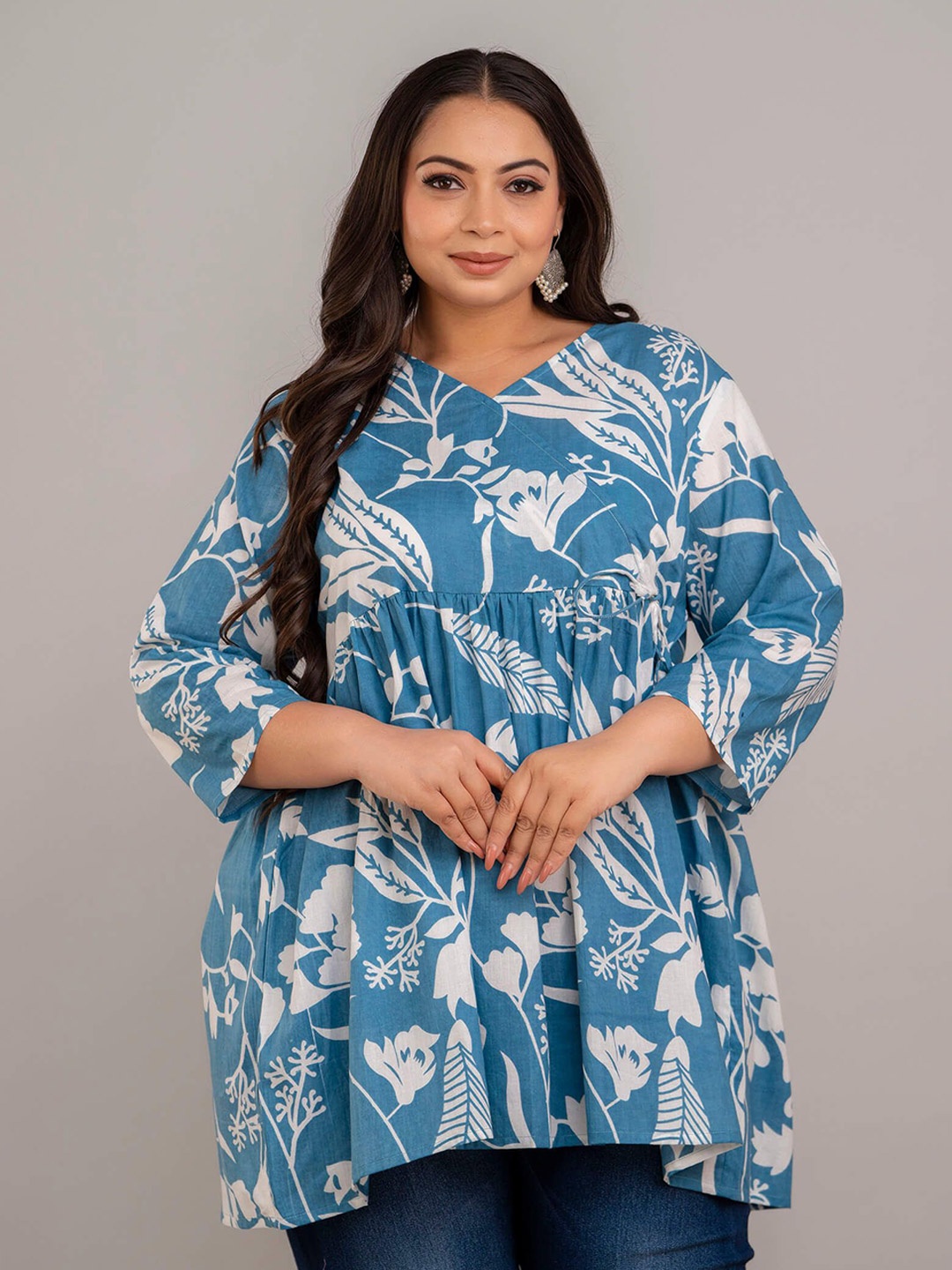

Fashion Zest Women Plus Size V-Neck Floral Printed Tunic, Teal