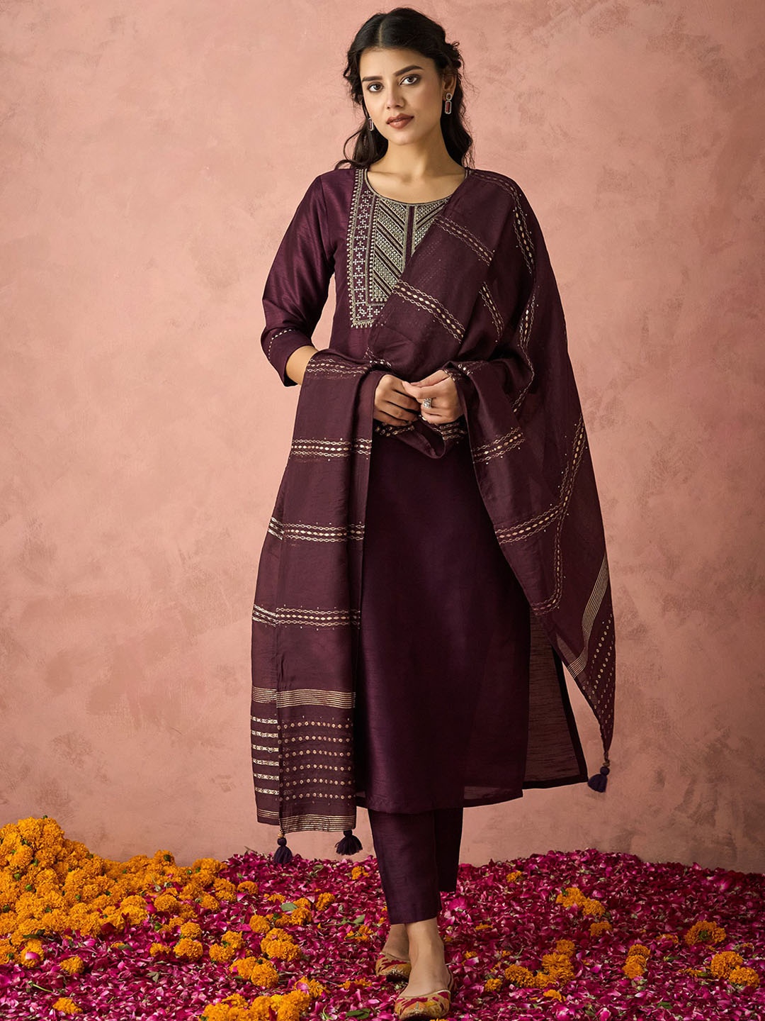 

KALINI Floral Yoke Design Sequinned Straight Kurta with Trousers & Dupatta, Purple
