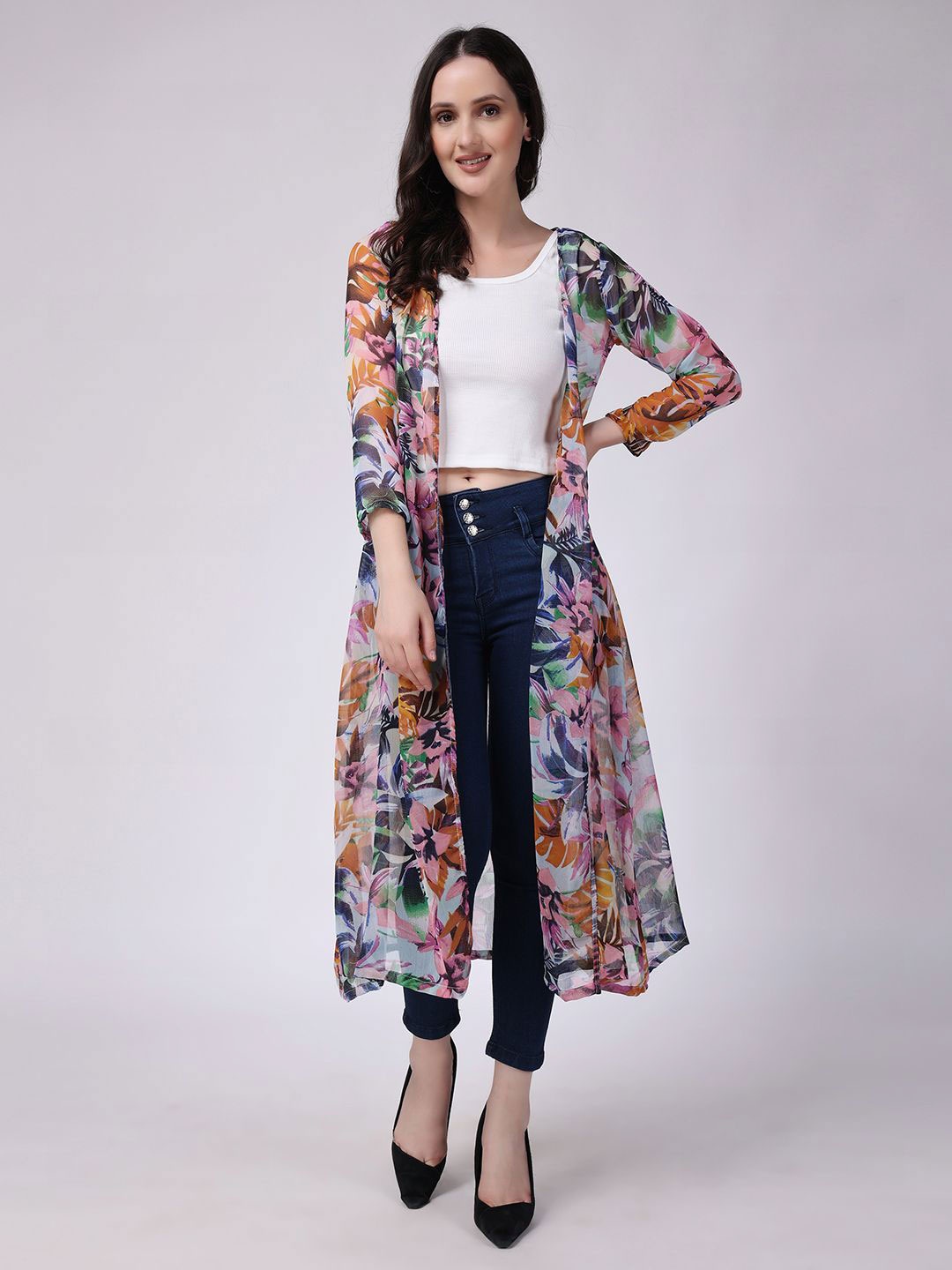 

MINOS Women Printed Longline Shrug, White