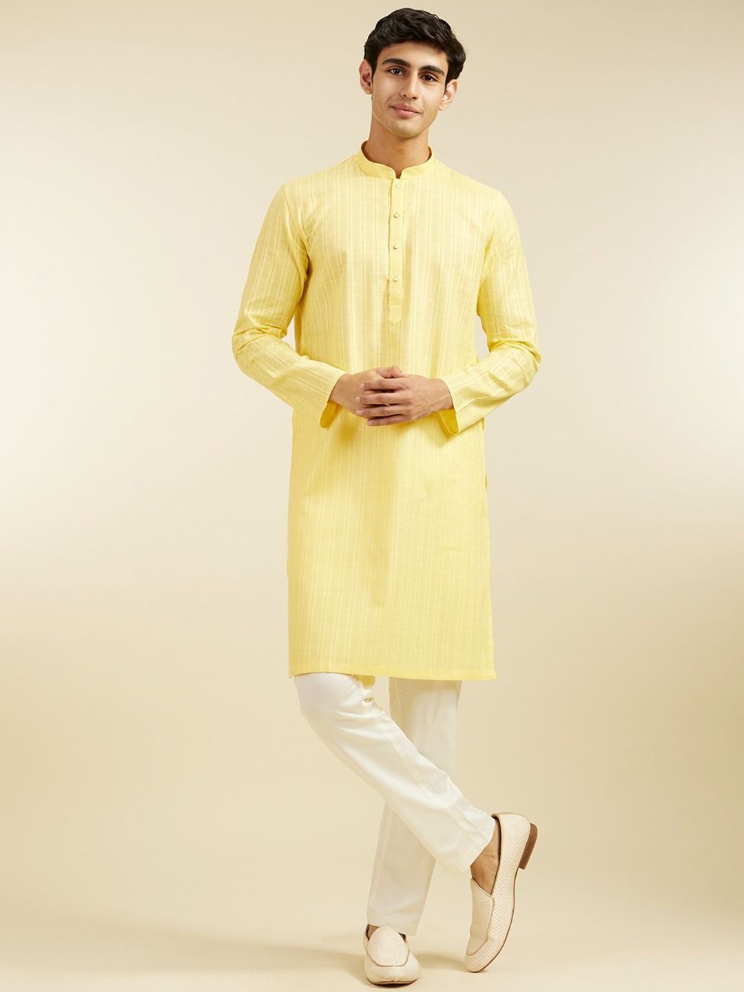 

Diwas by Manyavar Men Striped Woven Design Pure Cotton Mandarin Collar Straight Kurta, Yellow