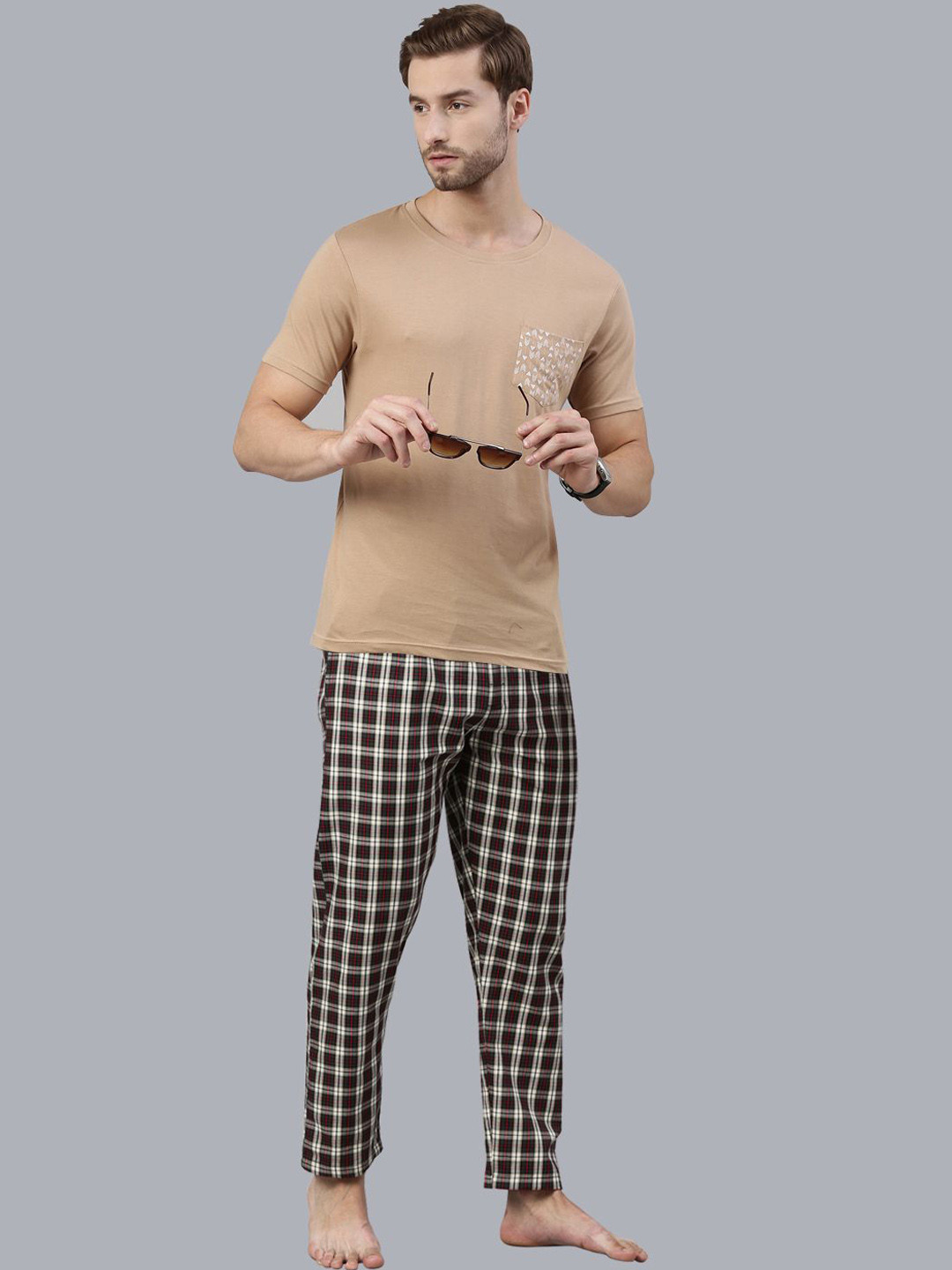 

Joven Men Pure Cotton Checked Printed Night suit, Brown