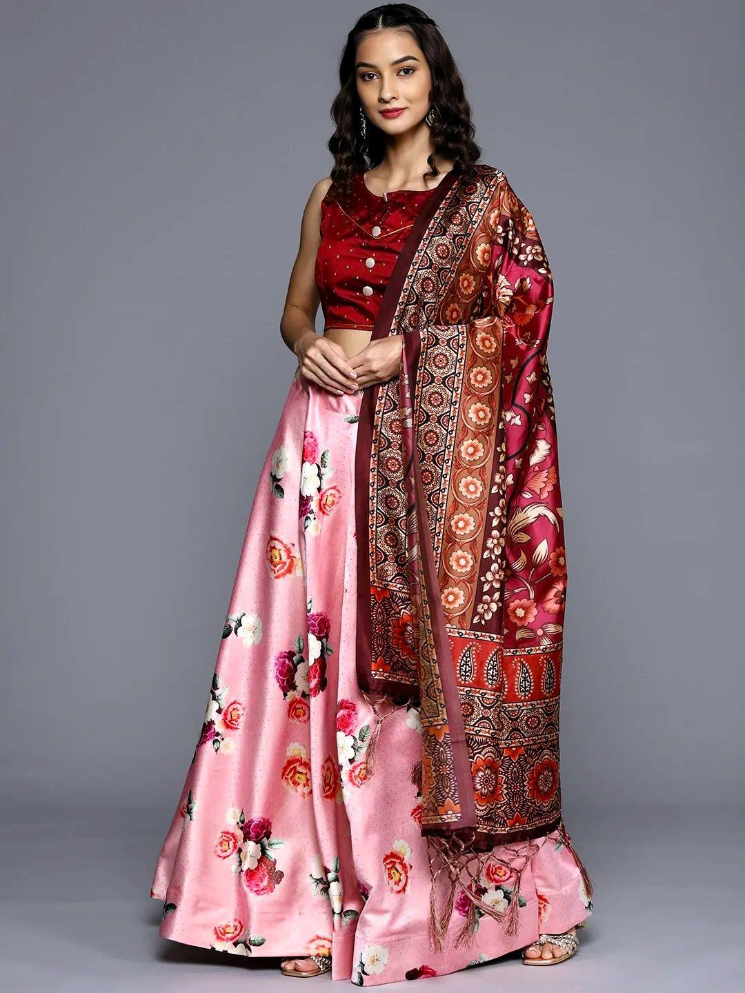 

Kaizen TEXO FAB Printed Semi-Stitched Lehenga & Unstitched Blouse with Dupatta, Pink