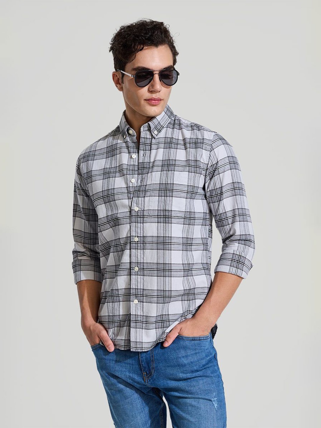 

Snitch Men Smart Button-Down Collar Micro Checked Cotton Casual Shirt, Off white