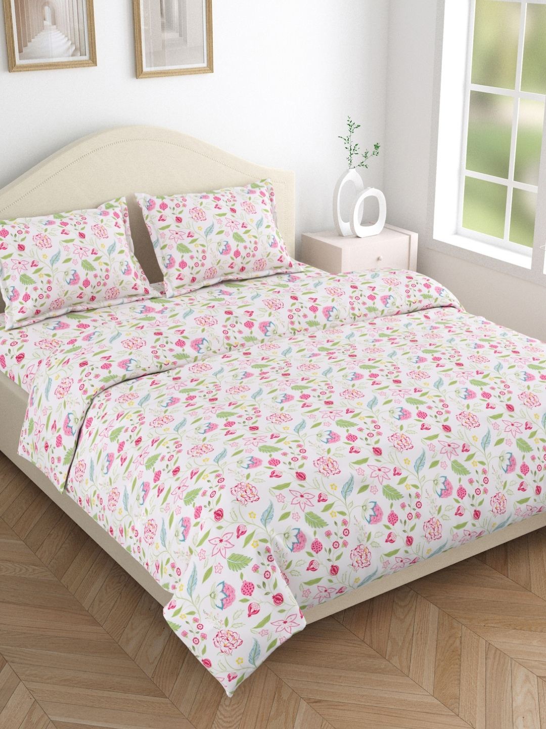 

haus & kinder Jaypor Blooms White Floral Printed 186 TC Pure Cotton Queen Bedsheet Set