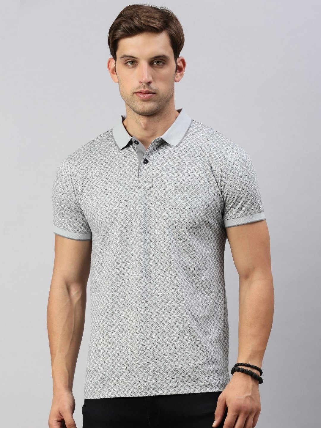 

Classic Polo Men Geometric Printed Polo Collar Cotton T-shirt, Grey