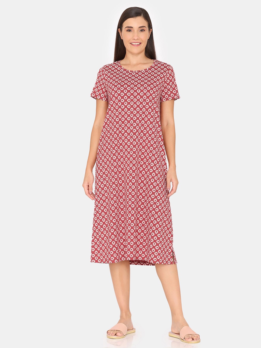 

Rosaline by Zivame Printed Round Neck Nightdress, Red