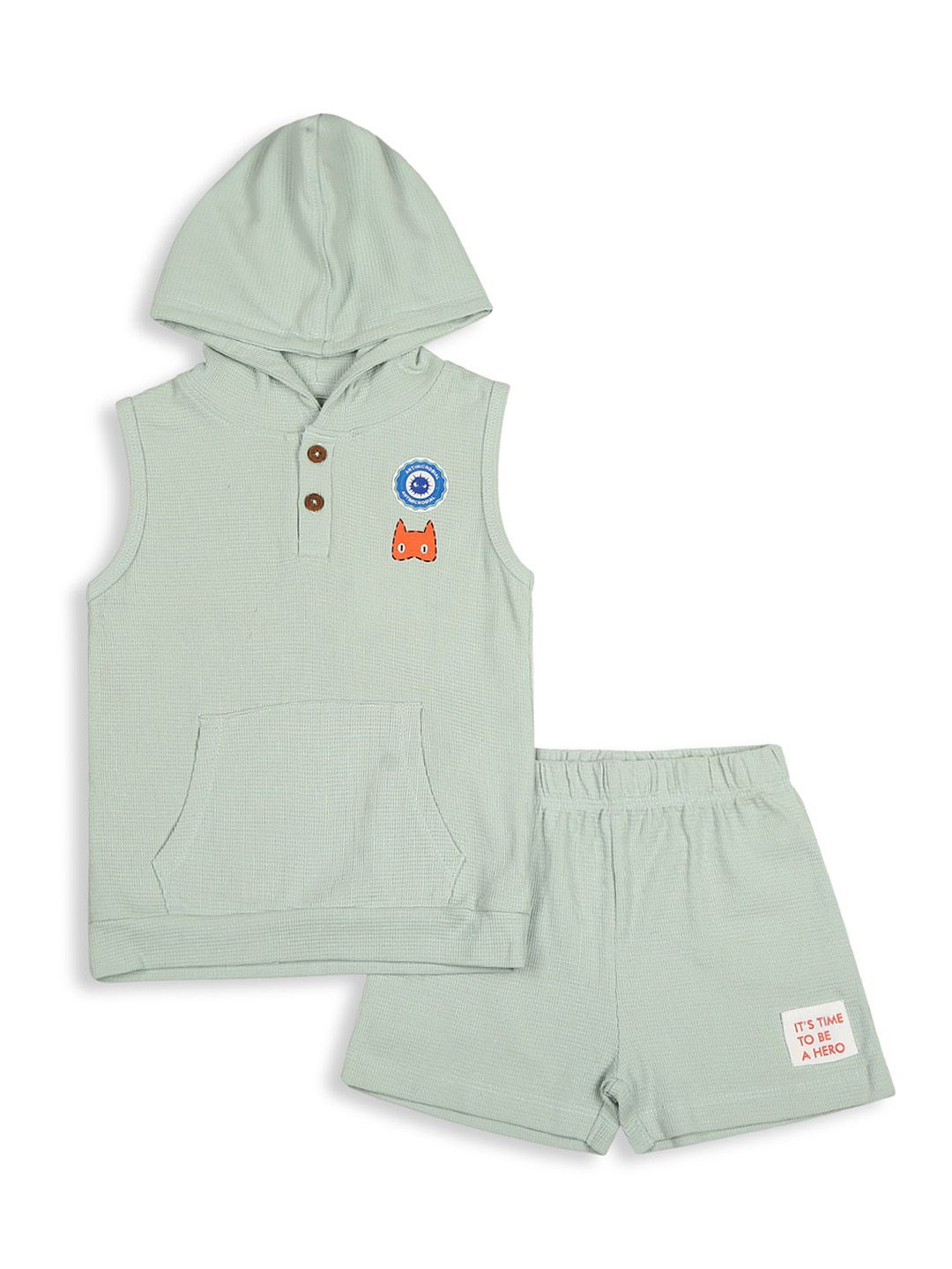 

MeeMee Boys Pure Cotton Hooded T-shirt with Shorts, Green