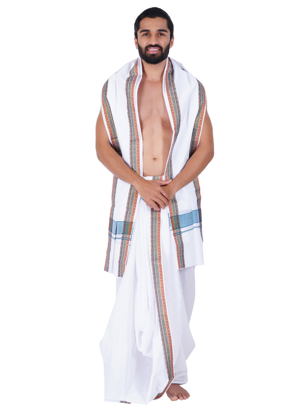 

Ramraj Men Cotton Panchakacham Dhoti with Angavastram, White