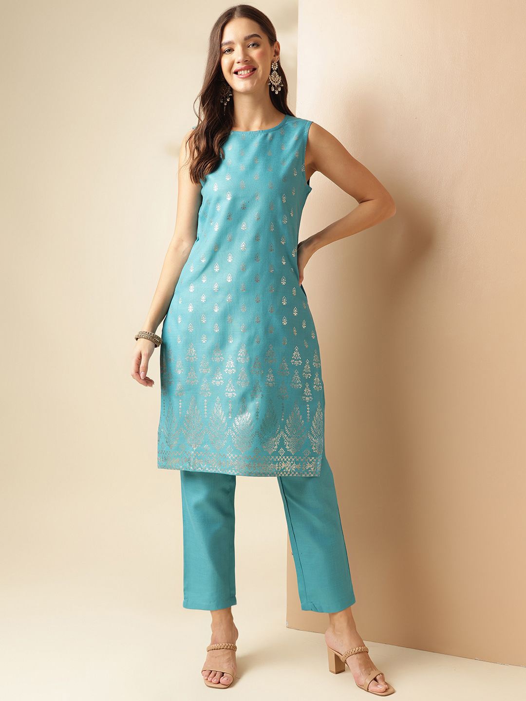 

Anouk Ethnic Motifs Printed Round Neck Regular Straight Kurta With Trouser, Sea green